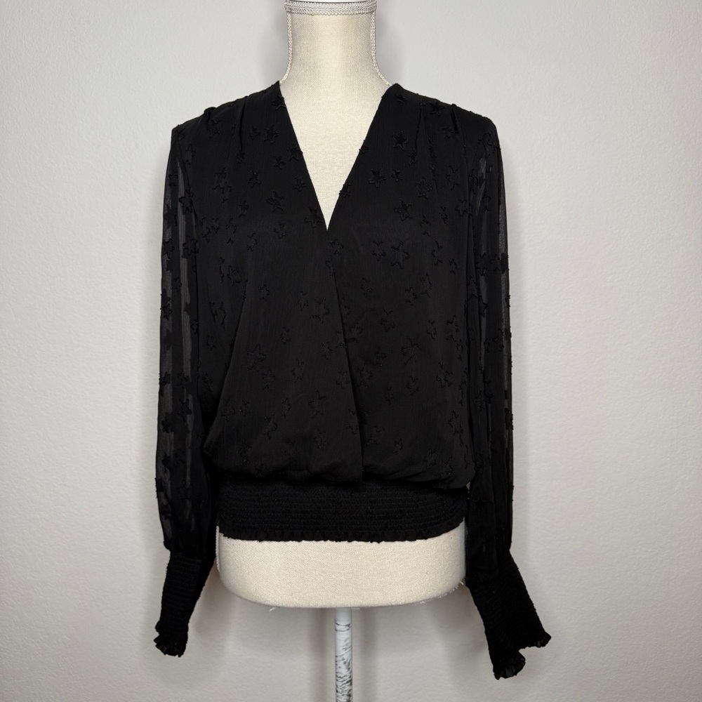 L’AGENCE Blouse Dulce Star Black Wrap Sheer Smocked Waist Long Sleeve Size L